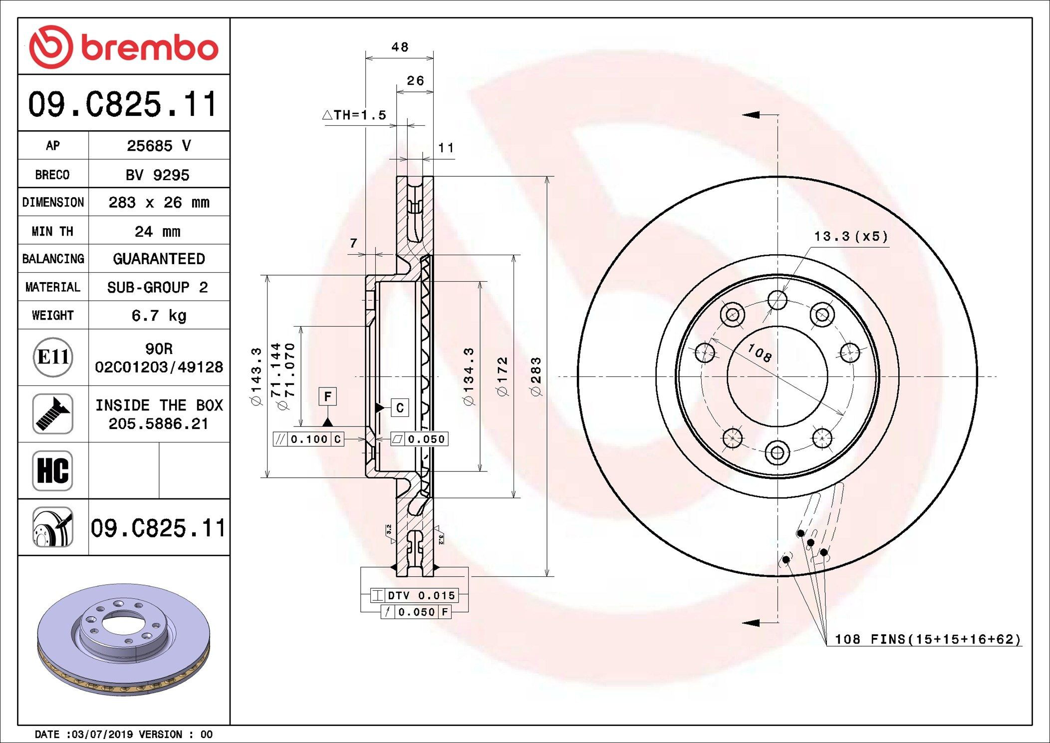 Disco de freno 09C82511 Brembo