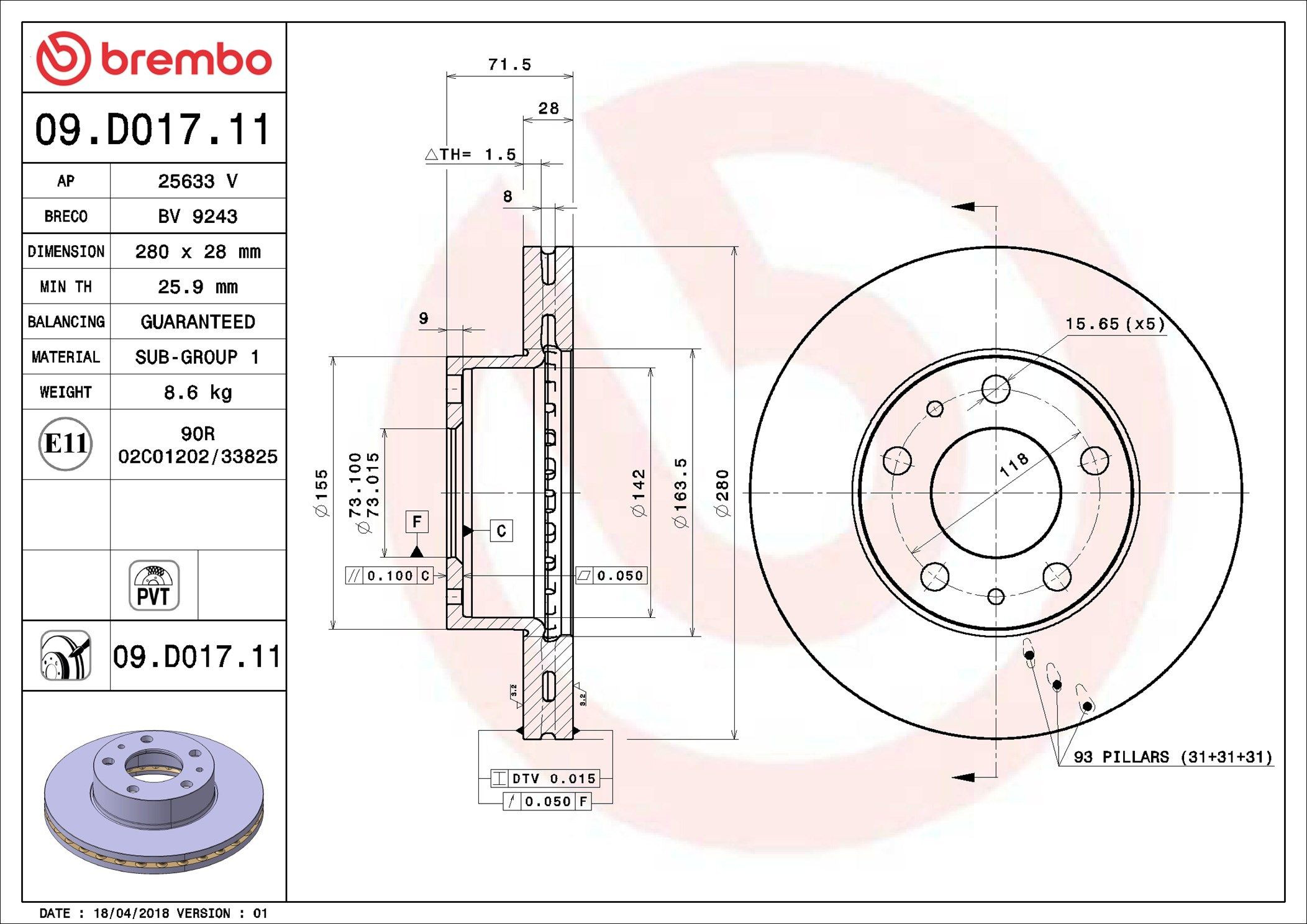 Frenos delanteros Brembo 09D01711 precio, desde 46,92 EUR