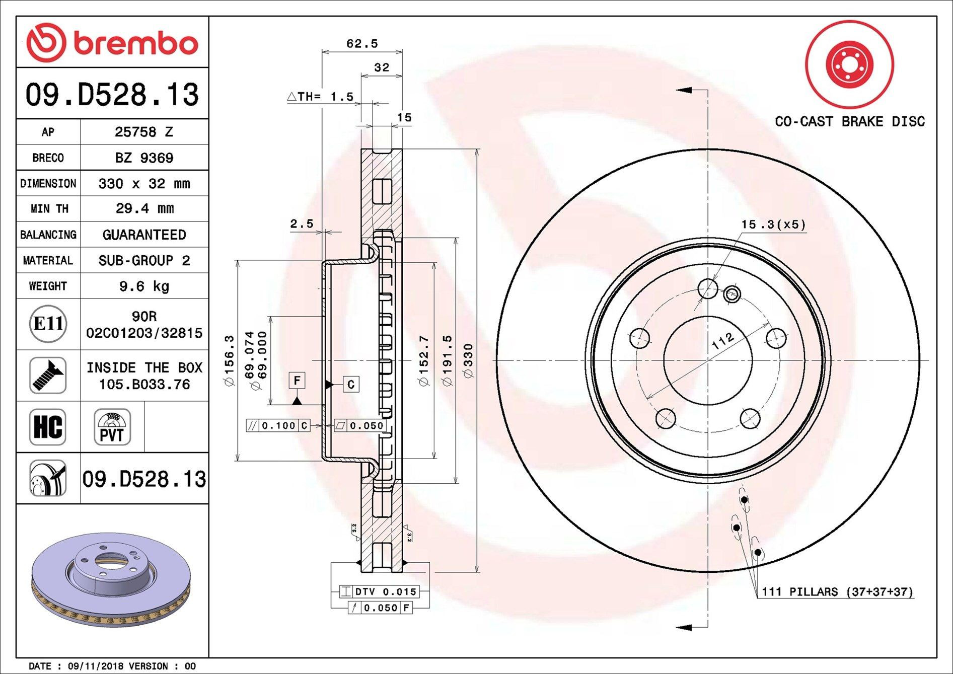 Disco de freno delantero Brembo 09D52813