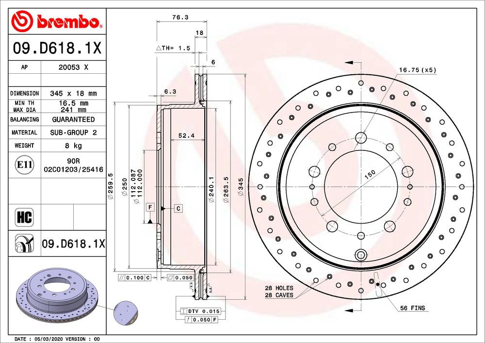 Disco de freno trasero 09D6181X Brembo