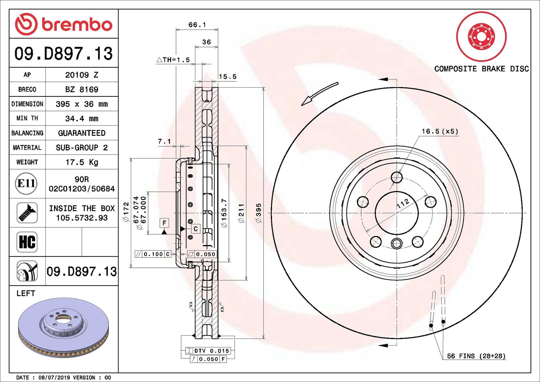 Comprar 09D89713 Brembo Freno de disco delantero