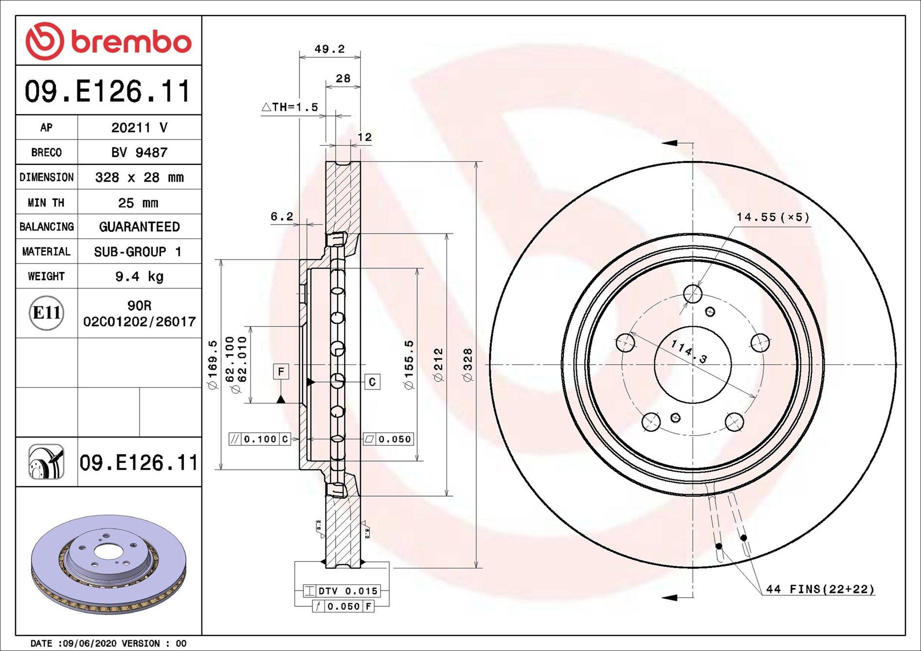 Disco de freno 09E12611 Brembo