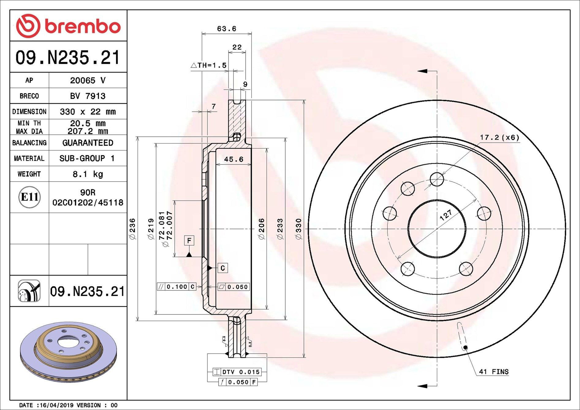 Disco de freno trasero 09N23521 Brembo