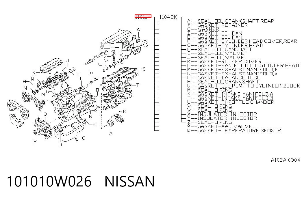 101010W026 Nissan/Infiniti Juego juntas motor