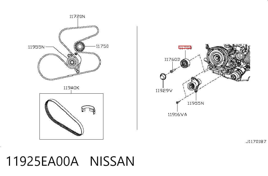 11925EA00A Nissan/Infiniti Polea guía correa poli V