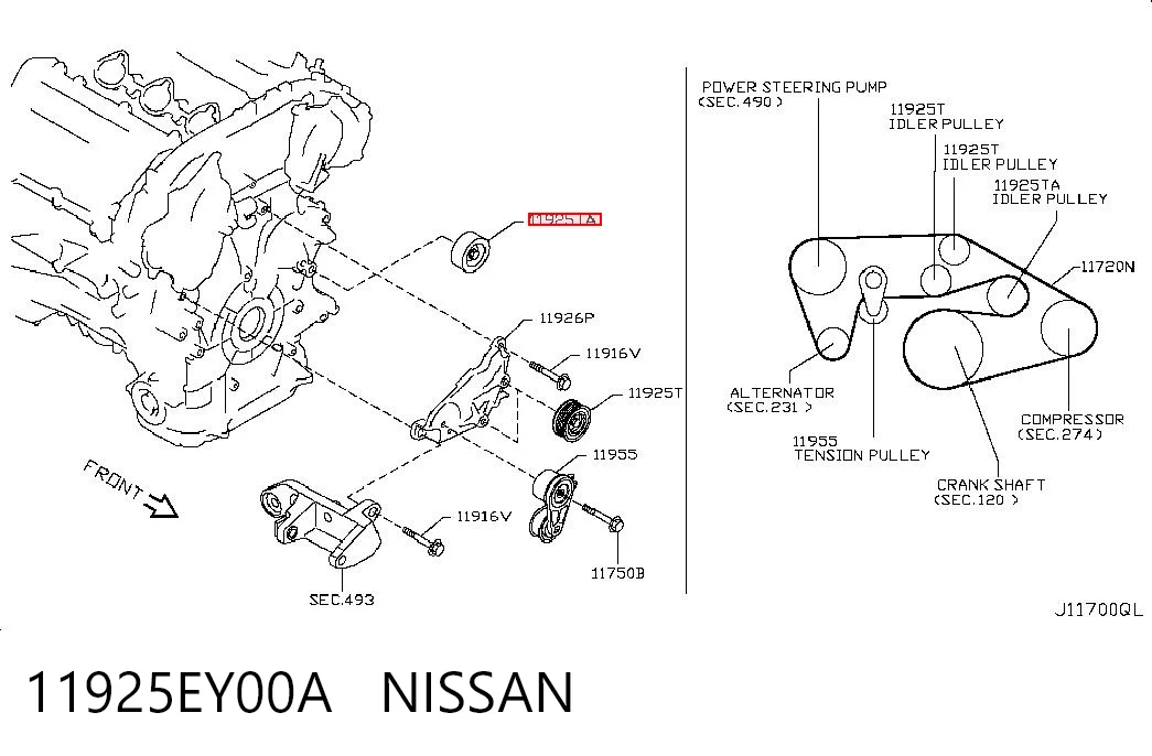 11925EY00A Nissan/Infiniti Polea guía correa poli V