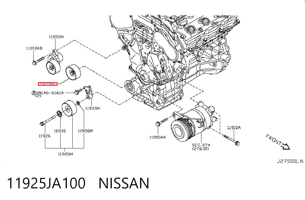 11925JA100 Nissan/Infiniti Polea guía correa poli V