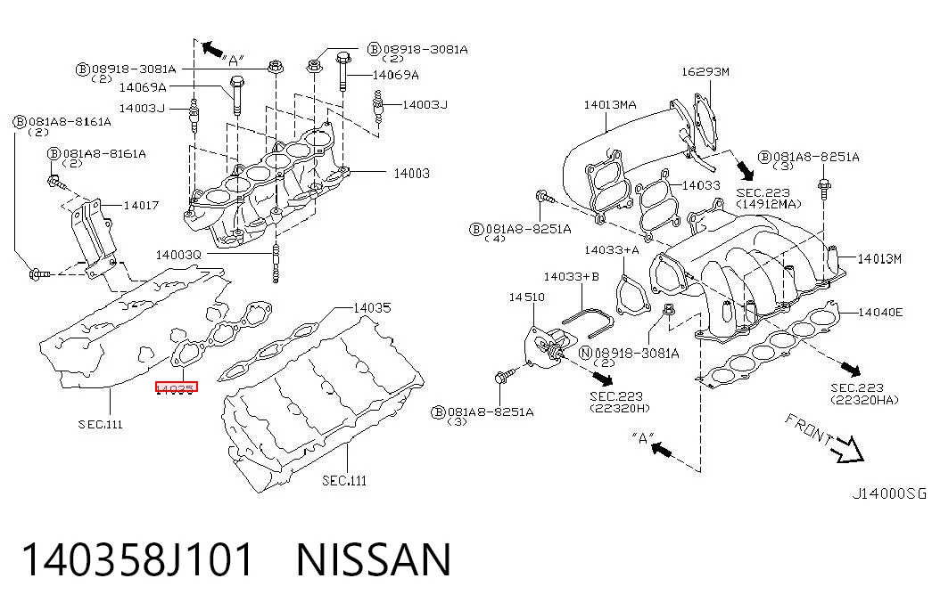 140358J101 Nissan/Infiniti Junta inferior del colector de admisión