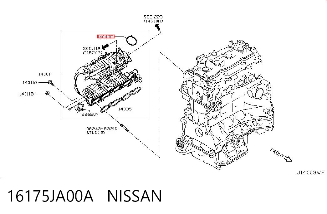 16175JA00A Nissan/Infiniti Junta superior del colector de admisión