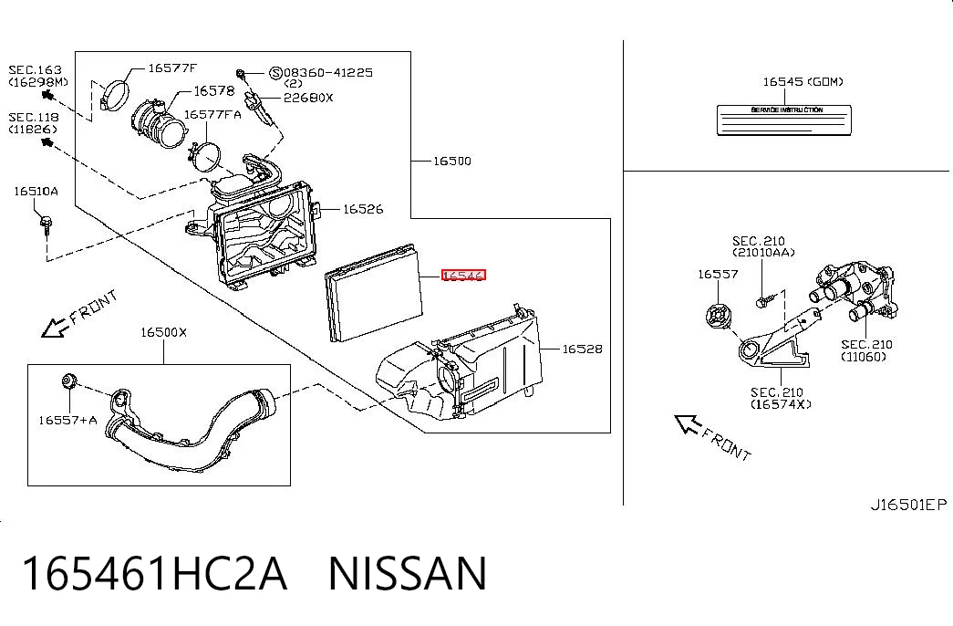 165461HC2A Nissan/Infiniti Filtro de aire de motor