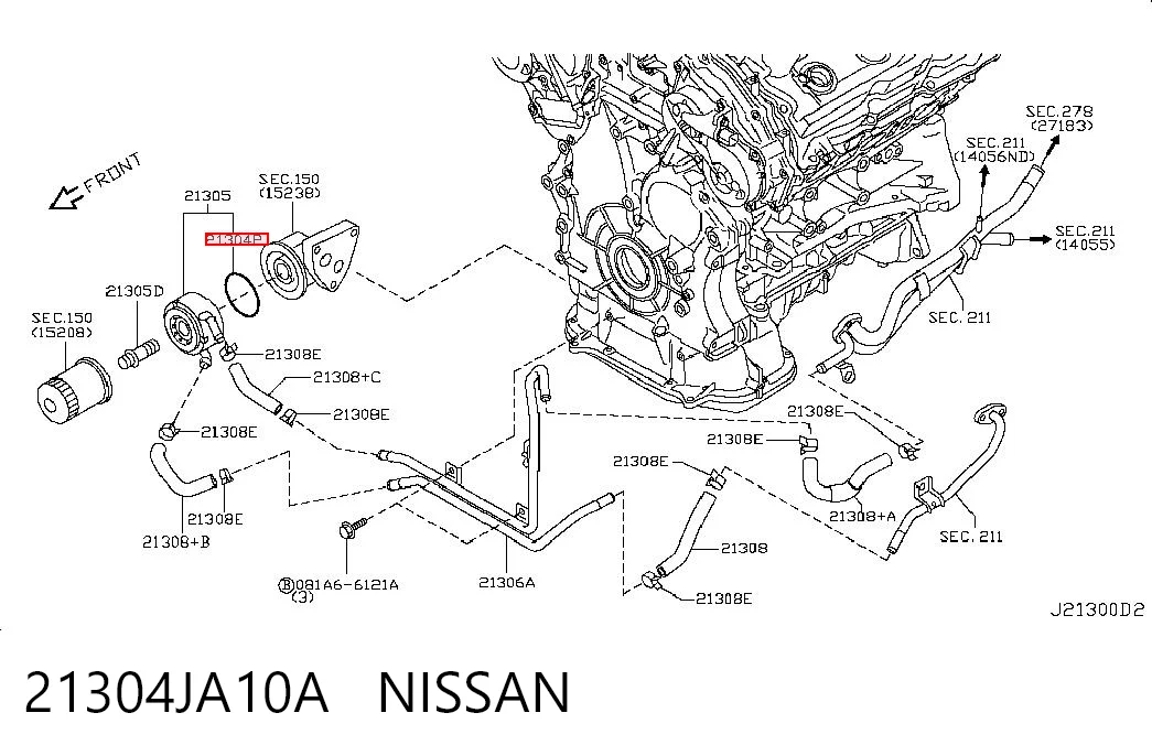 21304JA10A Nissan/Infiniti Junta del adaptador del enfriador de aceite