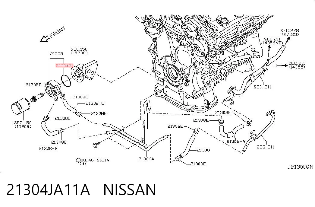 21304JA11A Nissan/Infiniti Junta del adaptador del enfriador de aceite