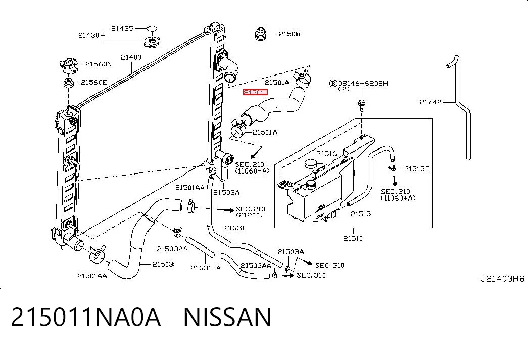 215011NA0A Nissan/Infiniti Manguera superior del radiador