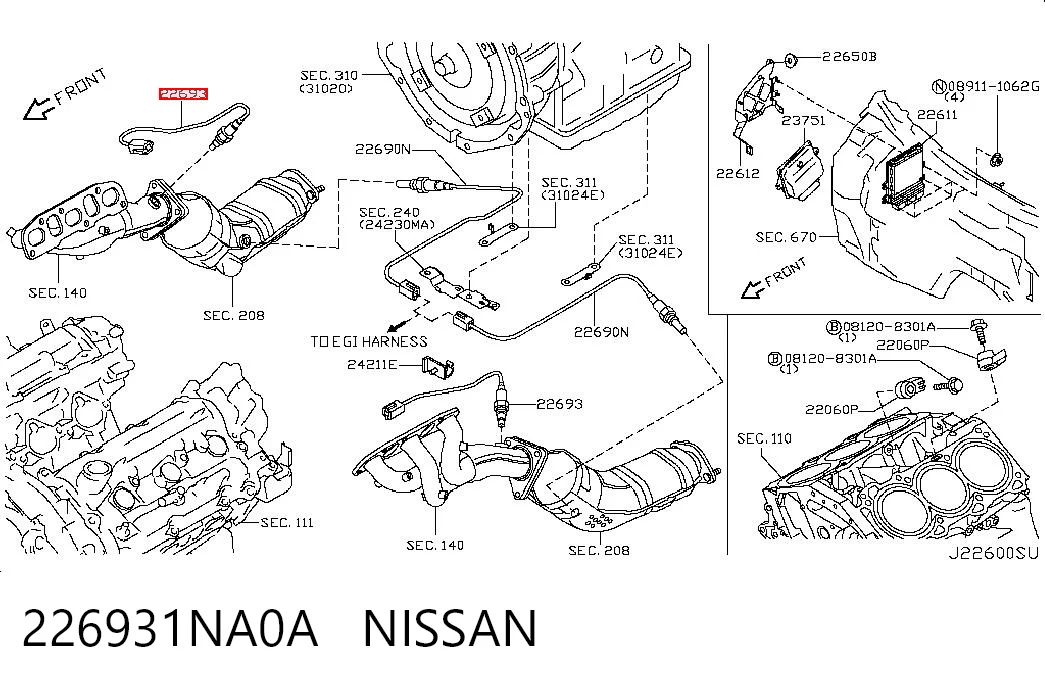 226931NA0A Nissan/Infiniti Sensor de oxígeno previo al catalizador