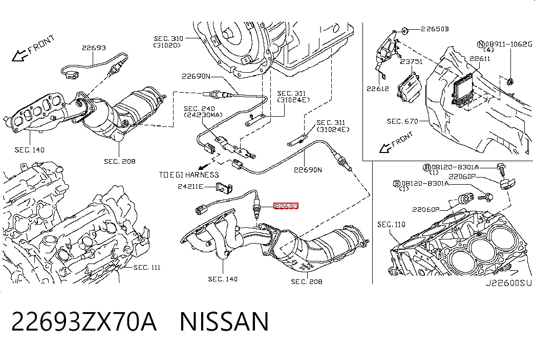 22693ZX70A Nissan/Infiniti Sensor de oxígeno previo al catalizador