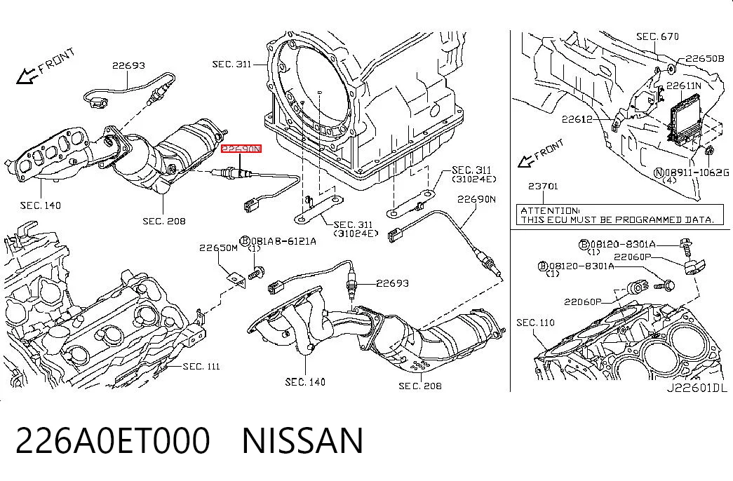 226A0ET000 Nissan/Infiniti Sonda lambda de oxígeno posterior al catalizador