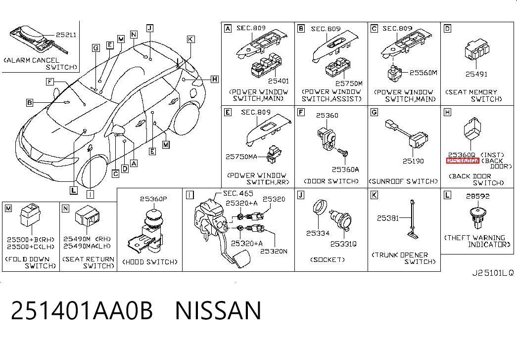 251401AA0B Nissan/Infiniti Botón interior de apertura de maletero