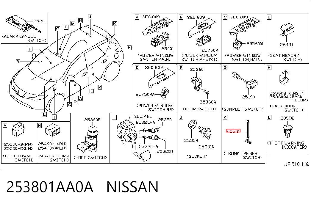 253801AA0A Nissan/Infiniti Unidad de control de elevalunas delantero derecho