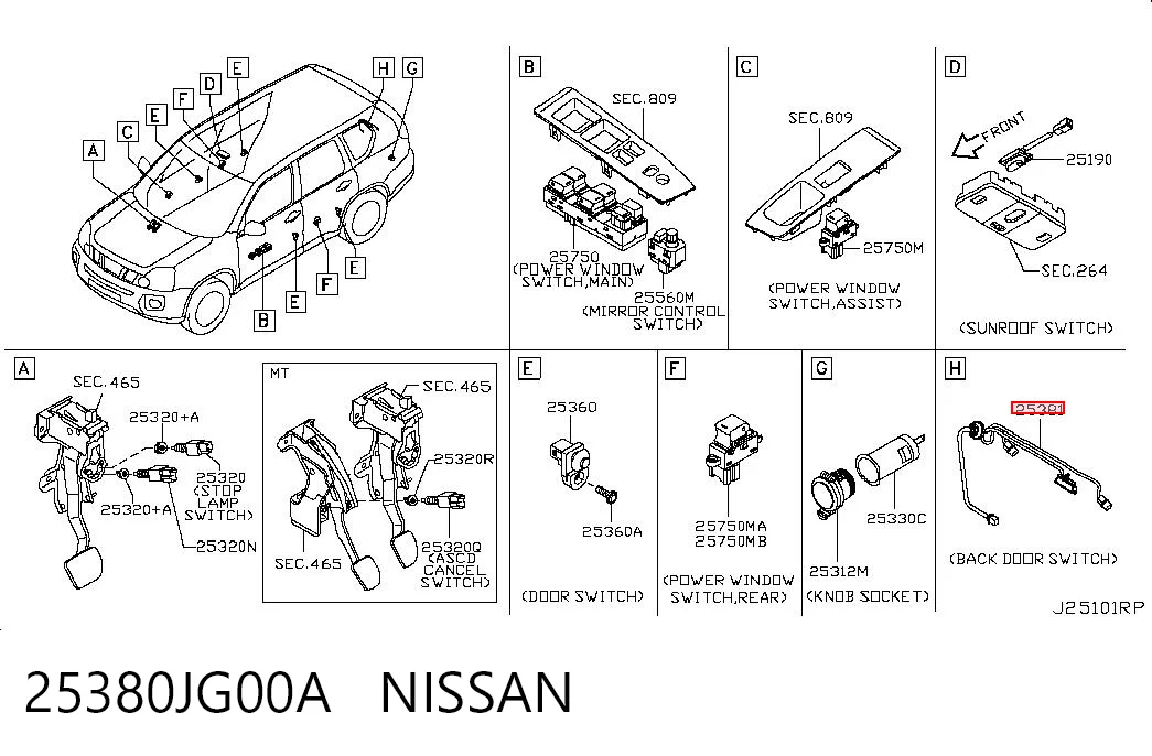 25380JG00A Nissan/Infiniti Sensor de apertura de la tapa del maletero