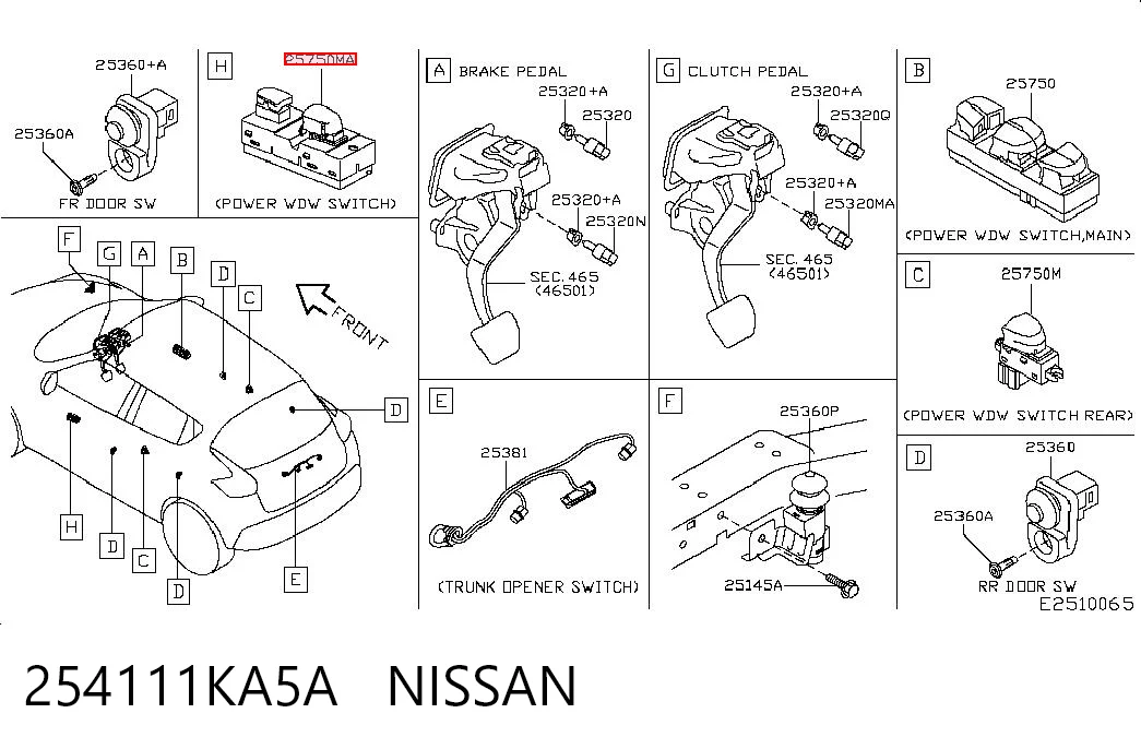 254111KA5A Nissan/Infiniti Botón de encendido, motor eléctrico, elevalunas, puerta delantera derecha