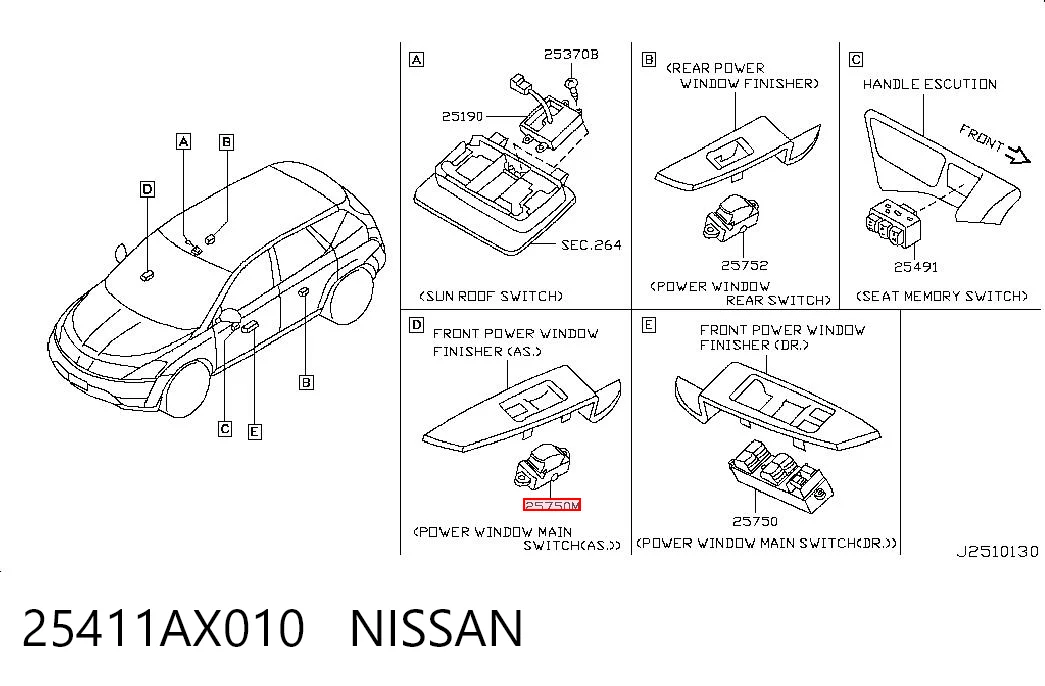 25411AX010 Nissan/Infiniti Botón de encendido, motor eléctrico, elevalunas, puerta delantera derecha