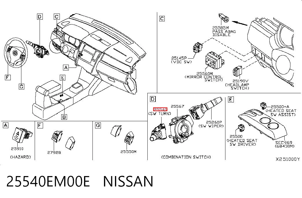 25540EM00E Nissan/Infiniti Conmutador izquierdo de la columna de dirección