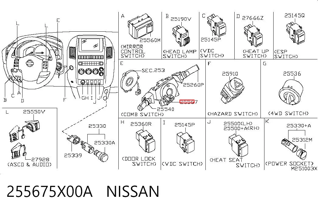 255675X00A Nissan/Infiniti Interruptor central de la columna de dirección