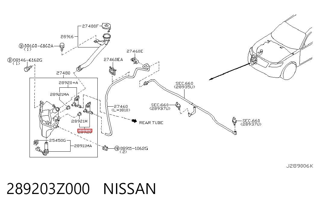 289203Z000 Nissan/Infiniti Bomba de agua de lavado, lavado de parabrisas, delantera