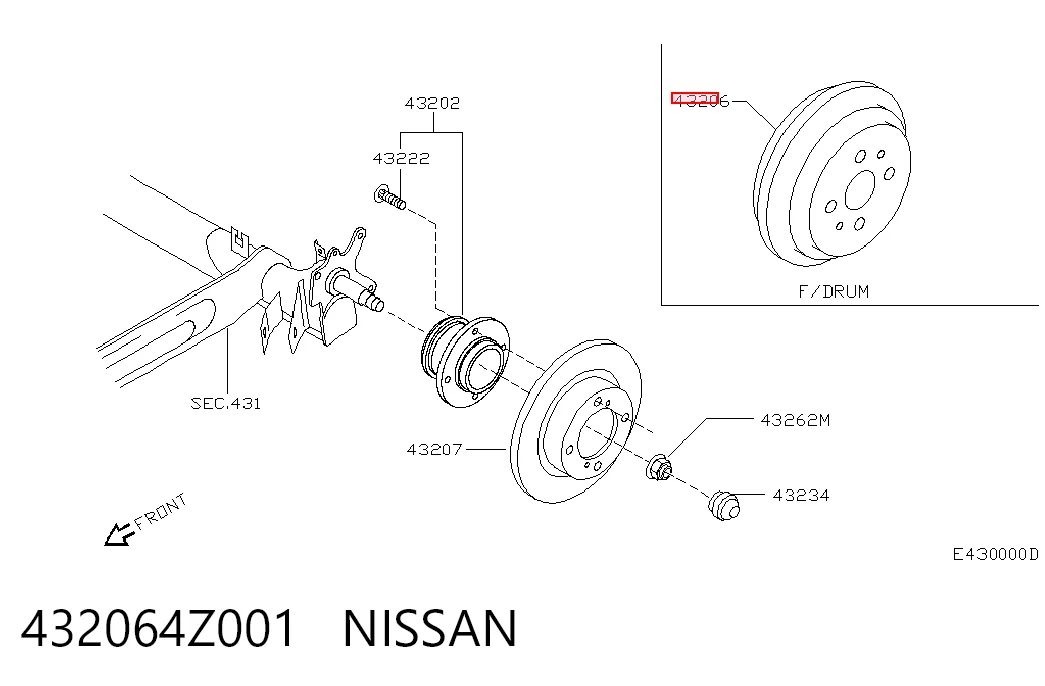 Tambor de freno trasero 432064Z001 NISSAN