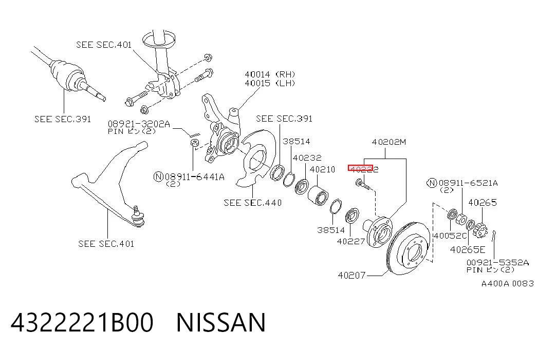 4322221B00 Nissan/Infiniti Espárrago de rueda delantero