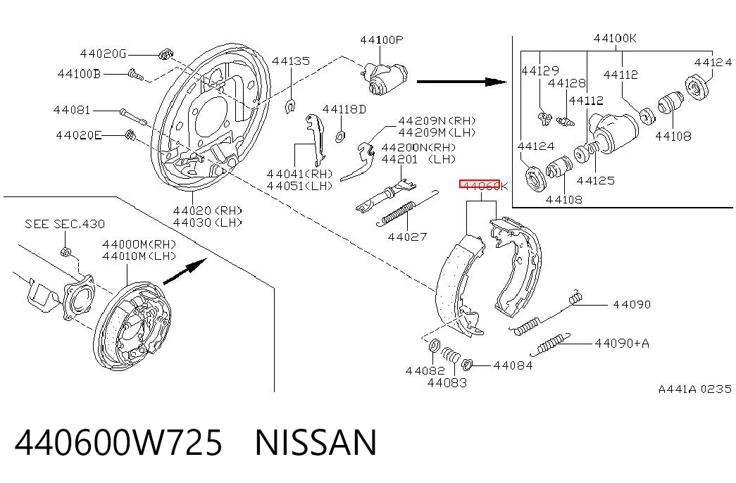 440600W725 Nissan/Infiniti Zapatas de freno de tambor traseras