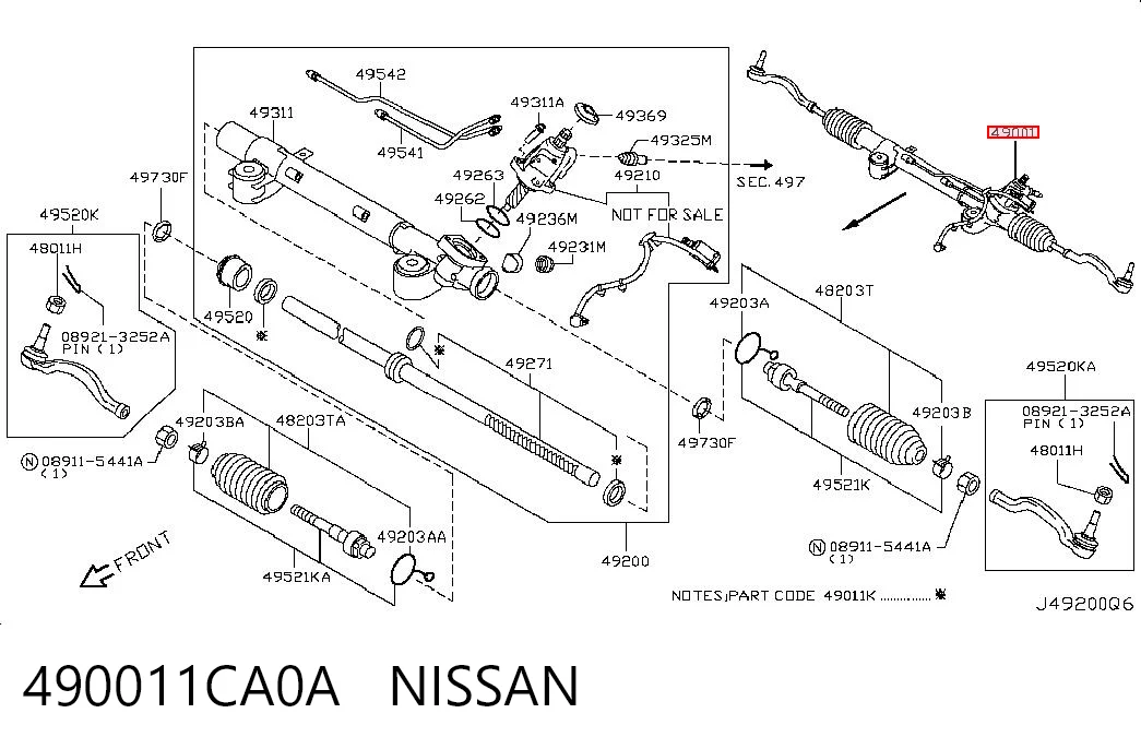 490011CA0A Nissan/Infiniti Cremallera caja de direccion