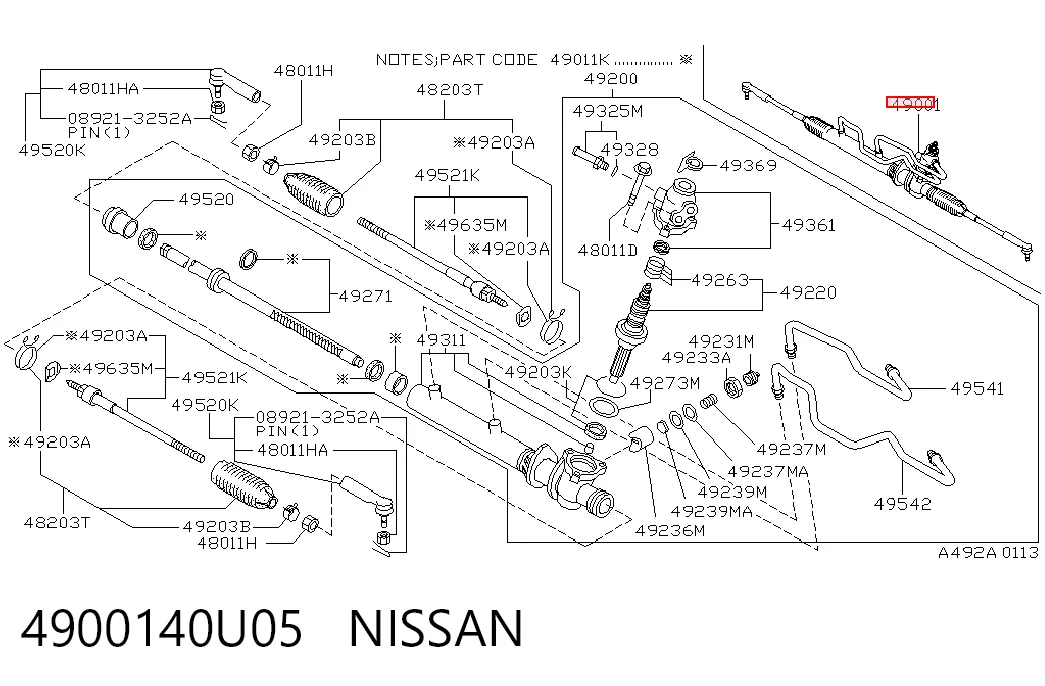 4900140U05 Nissan/Infiniti Cremallera caja de direccion
