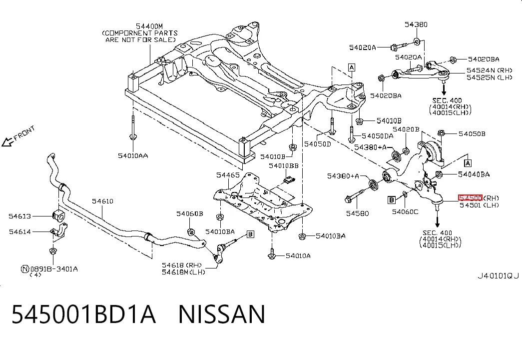 545001BD1A Nissan/Infiniti Brazo inferior derecho de la suspensión delantera