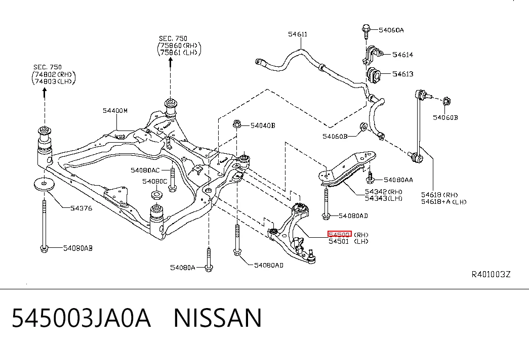 545003JA0A Nissan/Infiniti Brazo inferior derecho de la suspensión delantera