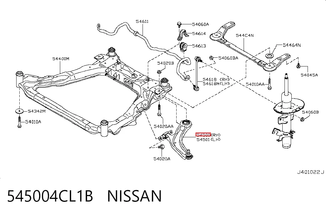545004CL1B Nissan/Infiniti Brazo inferior derecho de la suspensión delantera