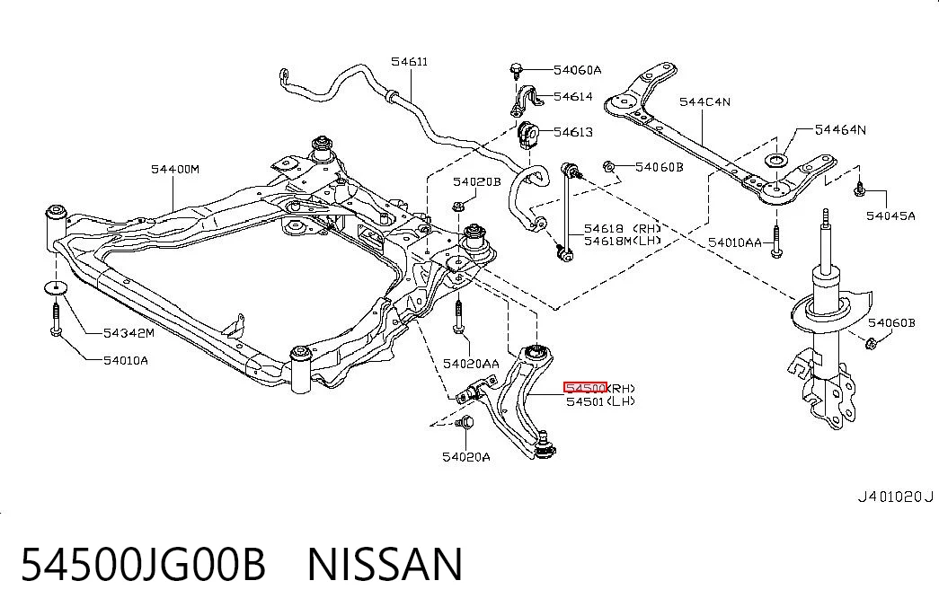 54500JG00B Nissan/Infiniti Brazo inferior derecho de la suspensión delantera