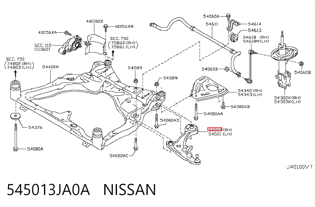545013JA0A Nissan/Infiniti Brazo inferior derecho de la suspensión delantera