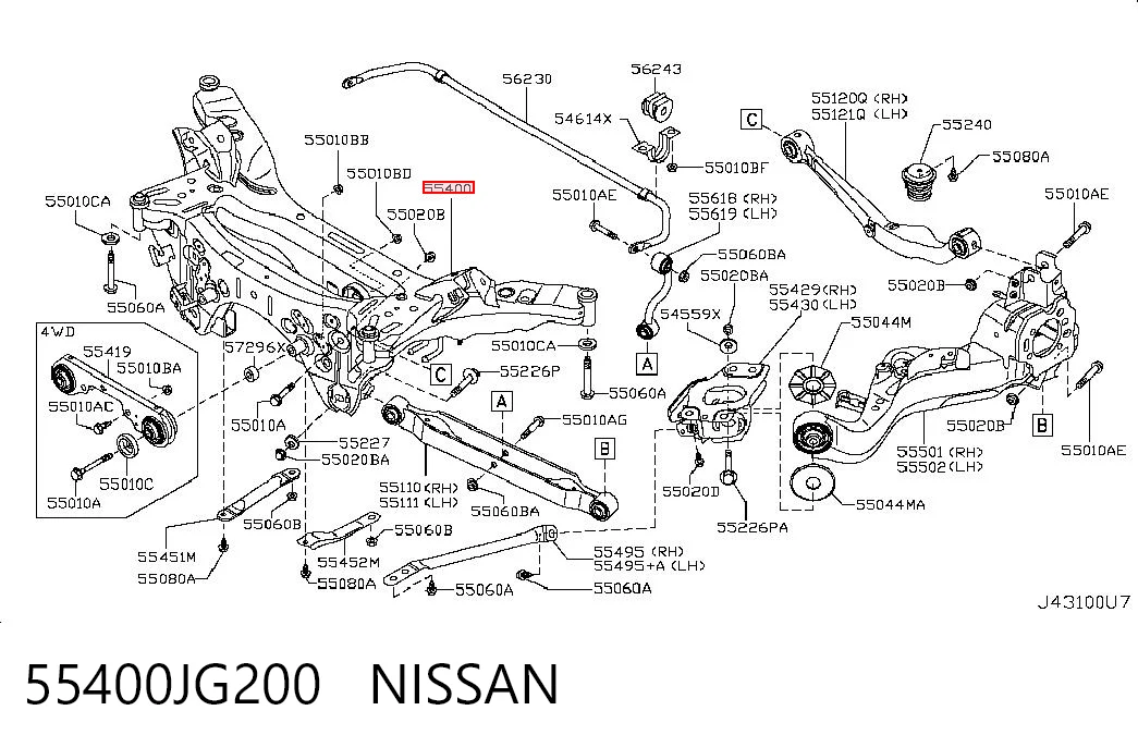 55400JG200 Nissan/Infiniti Subchasis trasero soporte motor