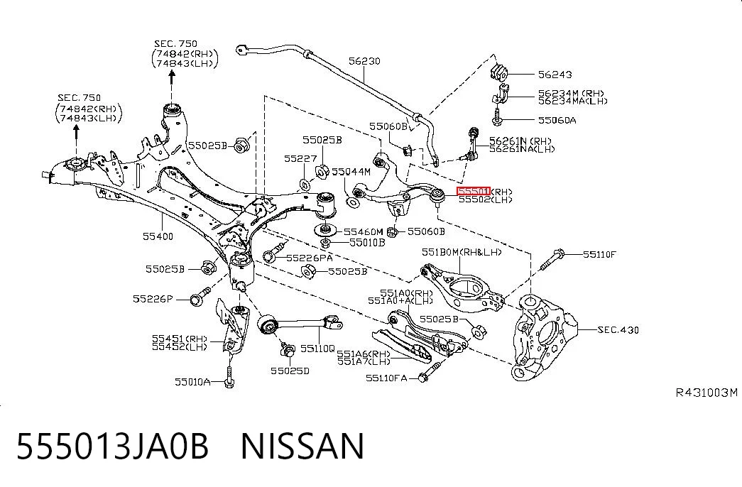 555013JA0B Nissan/Infiniti Brazo superior derecho de la suspensión trasera