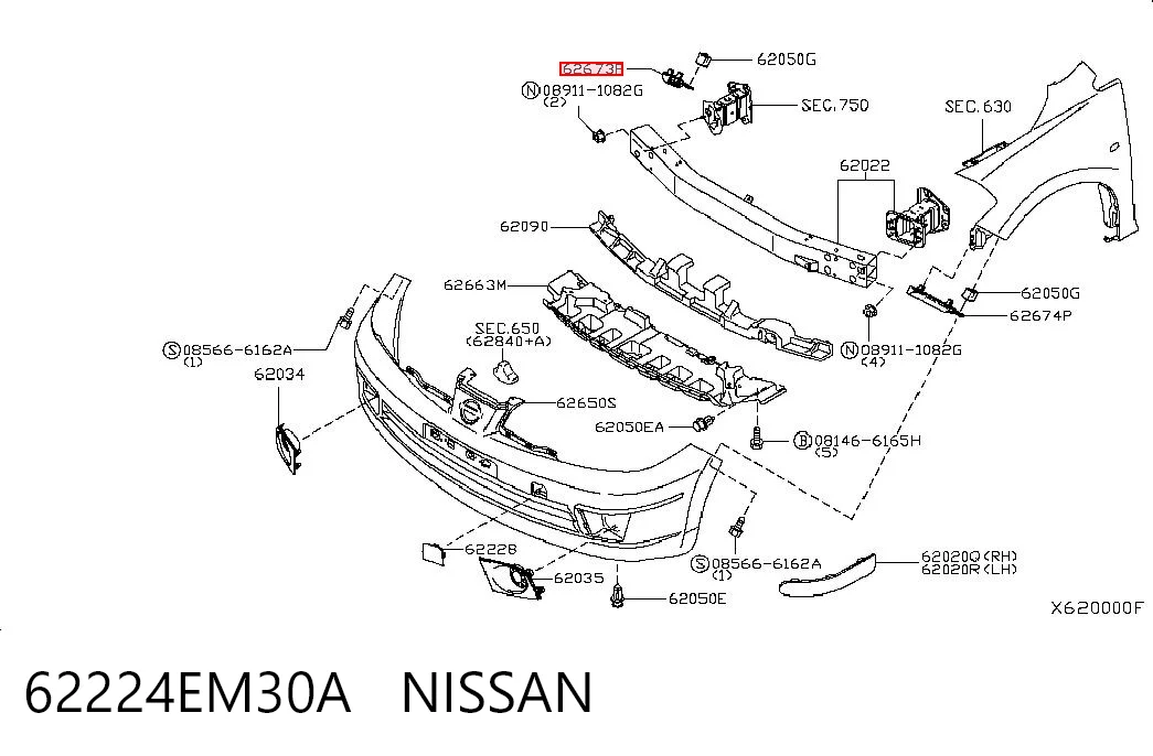 62224EM30A Nissan/Infiniti Soporte de parachoques delantero derecho