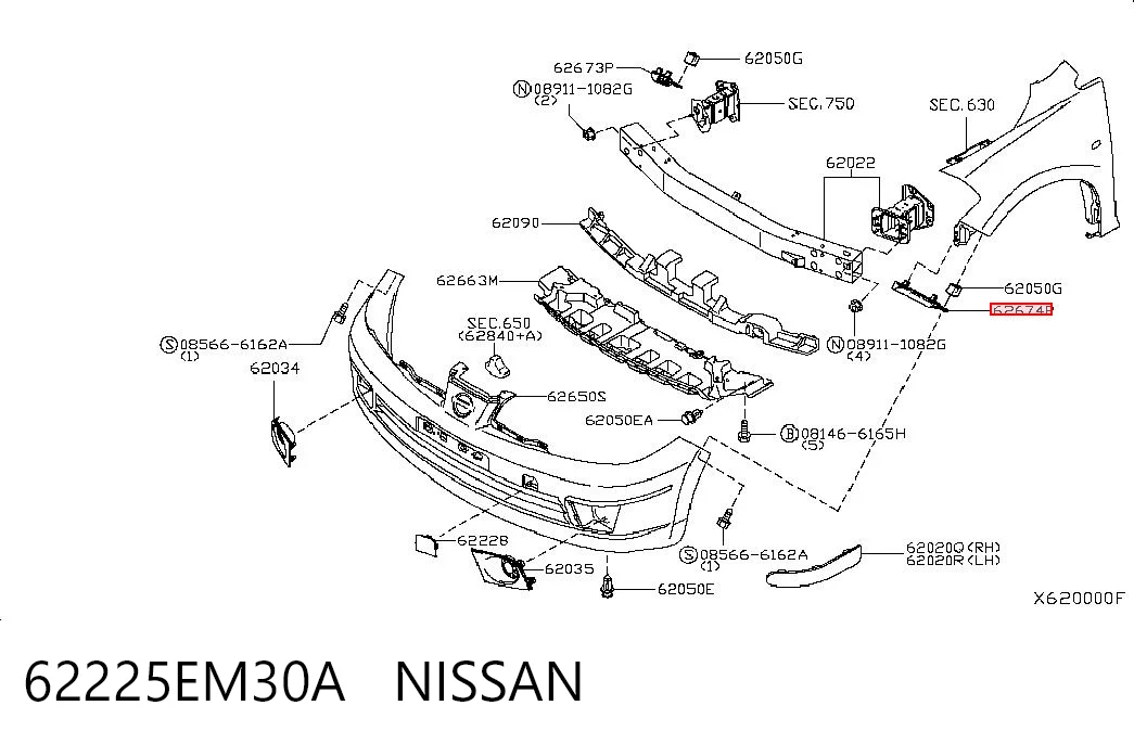 62225EM30A Nissan/Infiniti Soporte de parachoques delantero izquierdo