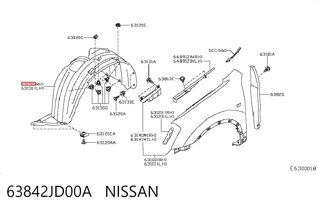 Paso de rueda delantero derecho 63842JD00A NISSAN