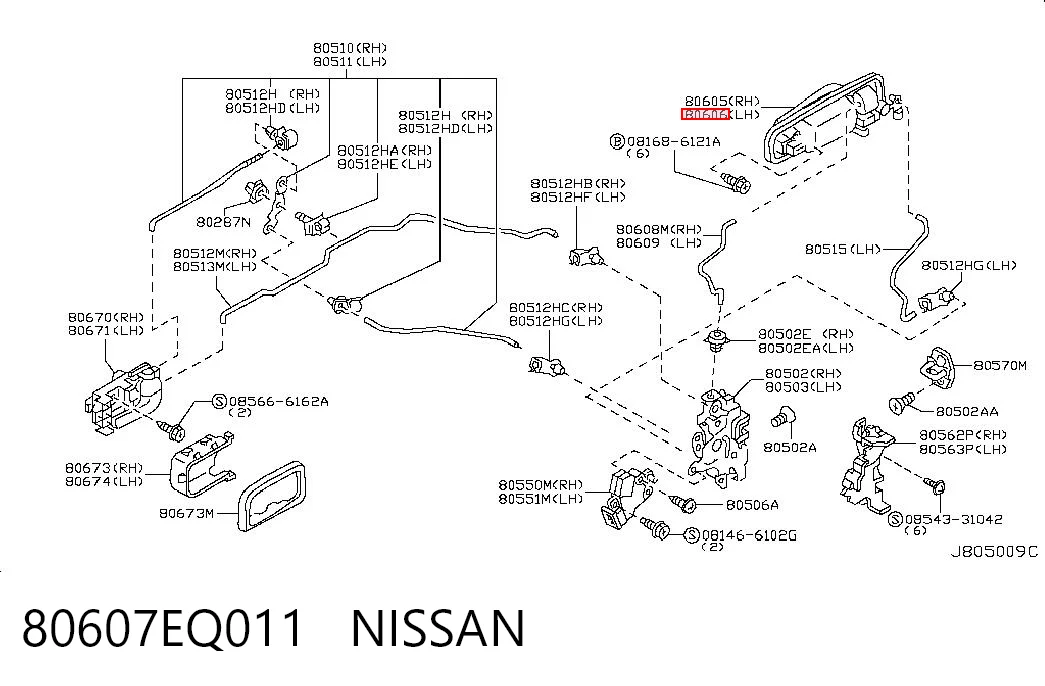 Manija exterior izquierda de puerta delantera 80607EQ011 NISSAN