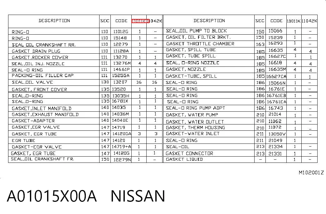 A01015X00A Nissan/Infiniti