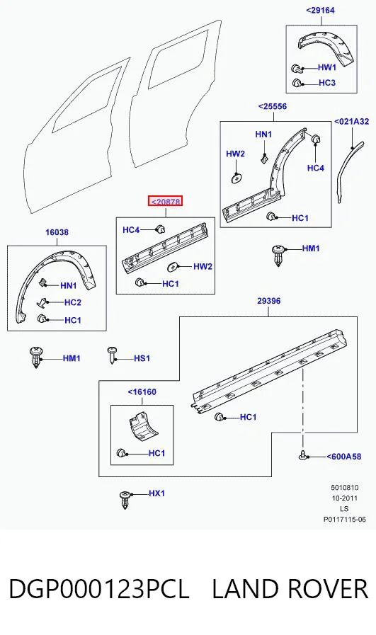 Moldura inferior de puerta delantera derecha DGP000123PCL LAND ROVER