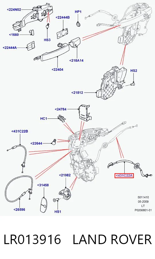 LR013916 Land Rover Cable de apertura de cerradura de puerta delantera