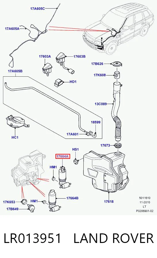 LR013951 Land Rover Bomba-motor de limpiaparabrisas delantero/trasero