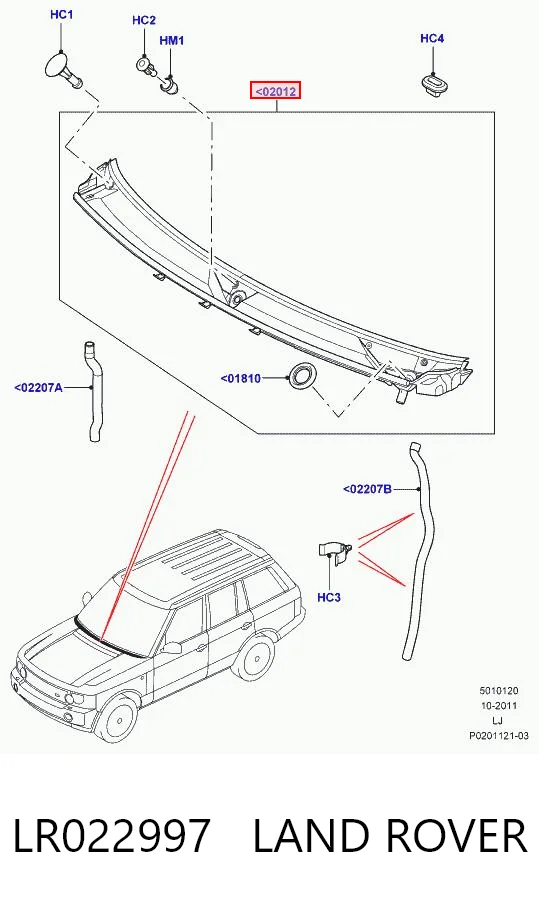 LR022997 Land Rover Goma de luna delantera