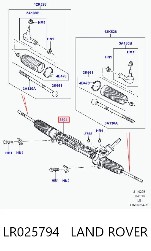 LR025794 Land Rover Cremallera caja de direccion